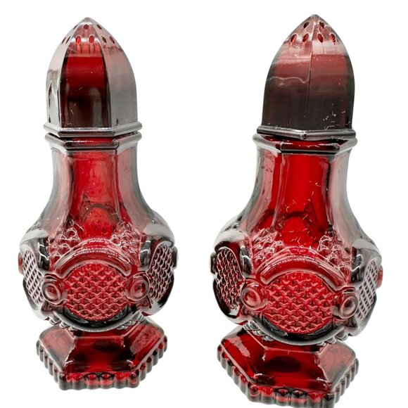 Vintage Avon Charisma Cologne Salt Shakers Set Of 2 Red Glass Hexagon Base - Picture 7 of 7